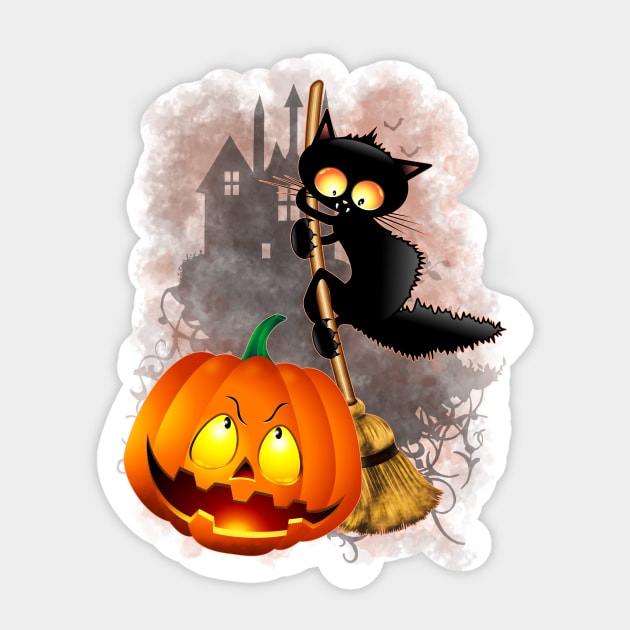 Cat Fun Halloween Character scared by a Pumpkin Sticker by BluedarkArt